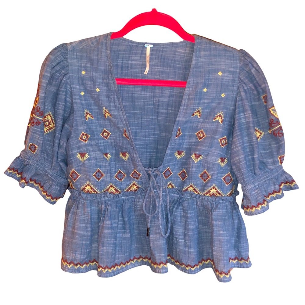 Free People Tallulah Embroidered Denim Babydoll Cropped Blouse